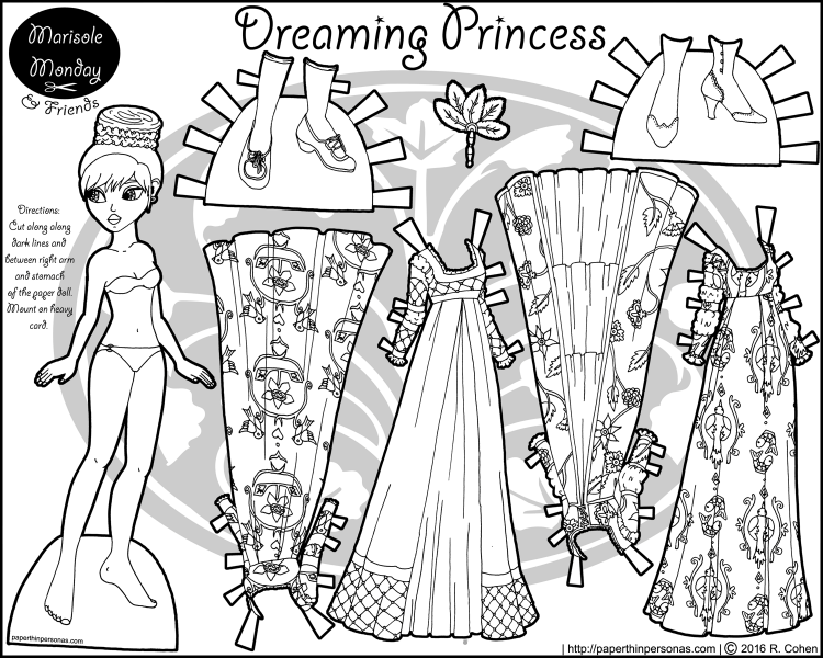 A paper doll princess coloring page featuring four elegant dresses and two pairs of shoes. Free from paperthinpersonas.com.