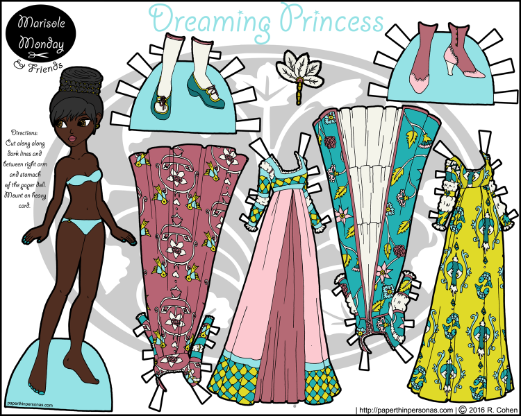 A black princess paper doll download featuring four colorful gowns and two pairs of shoes. Free from paperthinpersonas.com