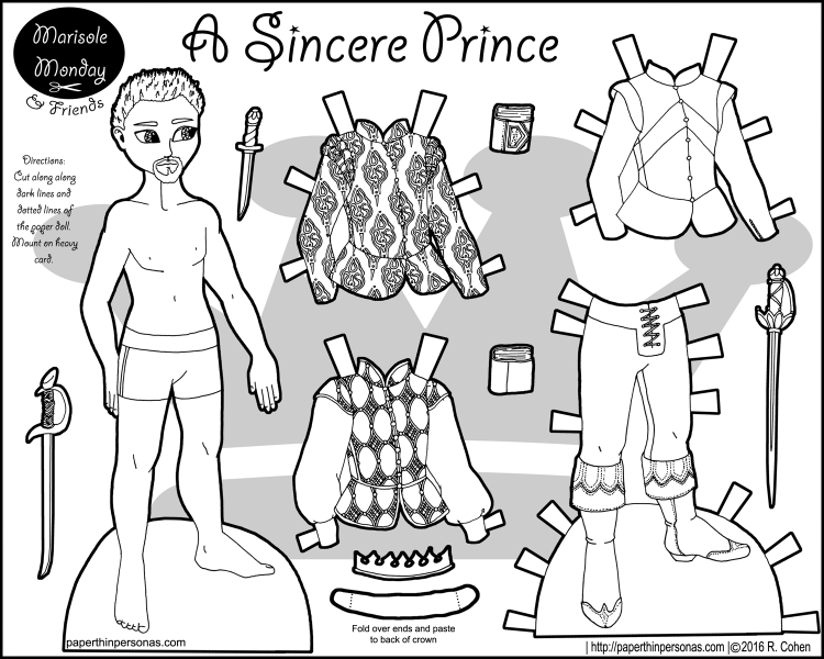 A fairy tale prince paper doll with a four piece wardrobe. Part of the Marisole Monday & Friend's paper doll series, he can share clothing with any of the other Marisole Monday & Friend's male paper dolls. Free to print from paperthinpersonas.com.
