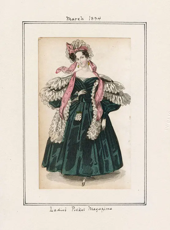 Women's fashion plate from 1834 of a dinner dress from Lady's Pocket Magazine.
