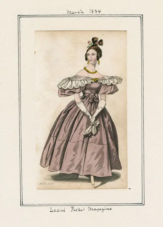 1834 fashion plate from March of an evening dress from Lady's Pocket Magazine.