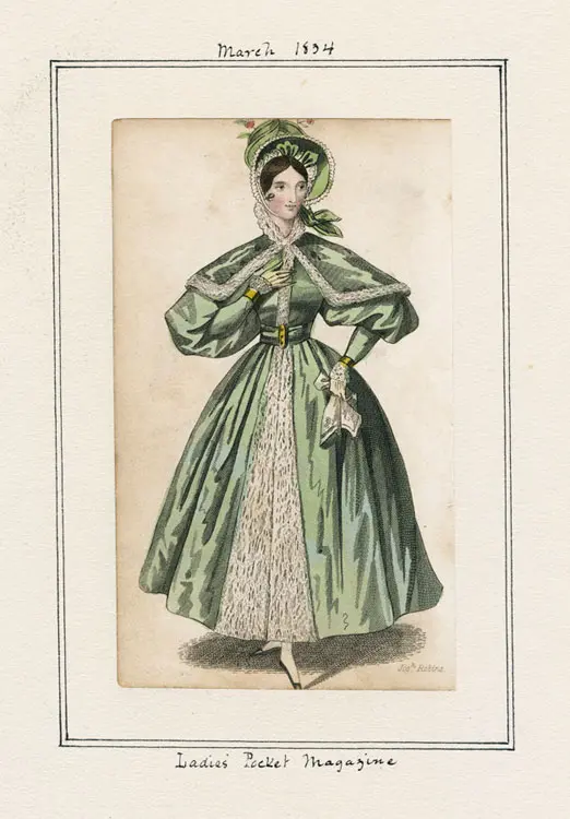 Women's fashion plate from 1834 of a walking dress from Lady's Pocket Magazine.