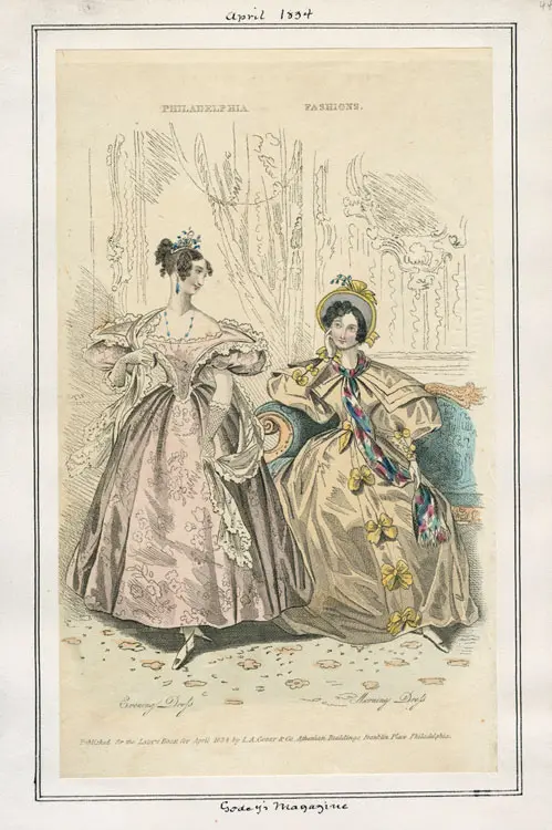 April 1834 Fashion plate from Godey's Lady's Book magazine of two gowns- one evening dress and one carriage dress.