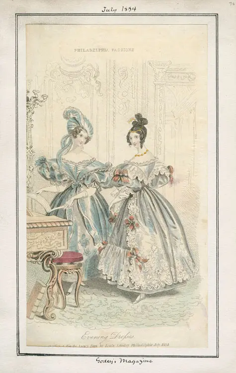 Two evening gowns from 1834. Originally published in Godey's Lady's Book.
