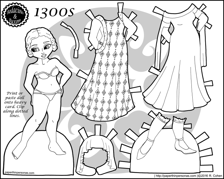 A 1300s fashion paper doll coloring page with a five piece wardrobe. Free to print and color from paperthinpersonas.com. 