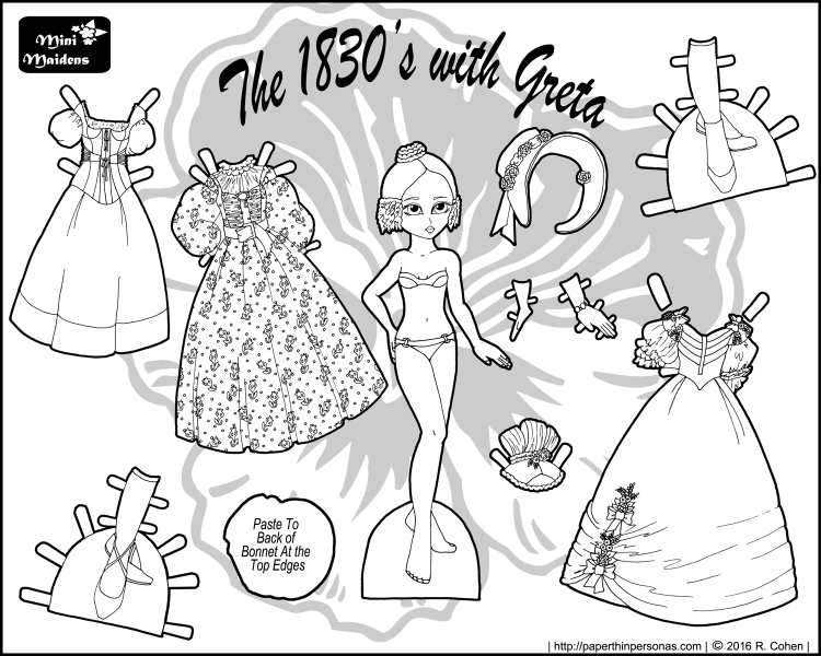 A historical fashion coloring page featuring a paper doll and her 1830s wardrobe. Exclusive to paperthinpersonas.com