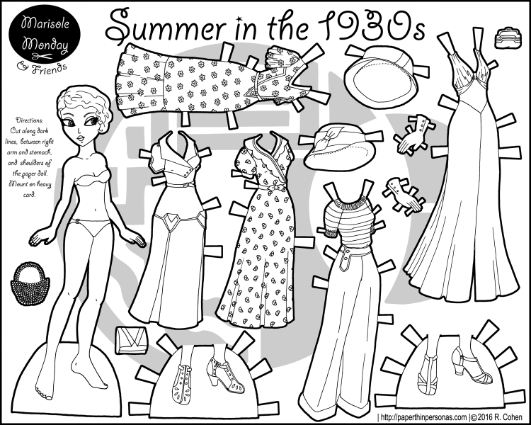 A paper doll coloring page celebrating the 1930s with a five piece wardrobe, hats and accessories. Free to print from paperthinpersonas.com.