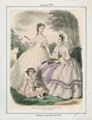 Fashion plate from Casey fashion plate collection from August 1862 featuring two women and a child.