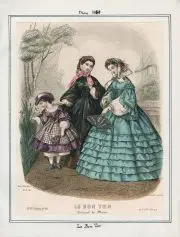 Fashion plate from Le Bon Ton dated May 1869. Originally found on the Casey Fashion Plate index.