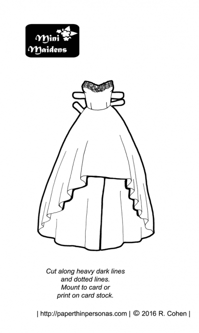 A paper doll prom dress for the Mini-Maiden series featuring a high-low hem and some beaded details. From paperthinpersonas.com.