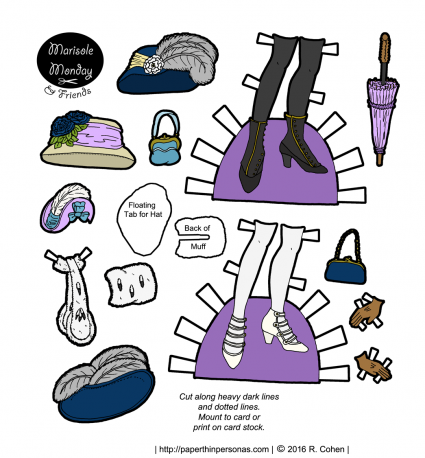 Edwardian paper doll accessories including shoes, hats, purses, furs, gloves and a parasol. Who doesn't need a parasol? Free to print for the Marisole Monday & Friends paper doll series from paperthinpersonas.com.