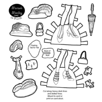 Printable paper doll accessories including shoes and hats! Also available in black and white. From paperthinpersonas.com
