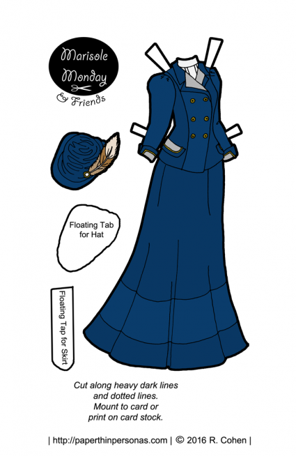 An Edwardian paper doll's walking suit in navy blue. Free to print from paperthinpersonas.com.