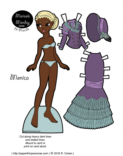 Monica, an african-american neo-victorian paper doll with her walking suit. Also available in black and white for coloring. From paperthinpersonas.com.