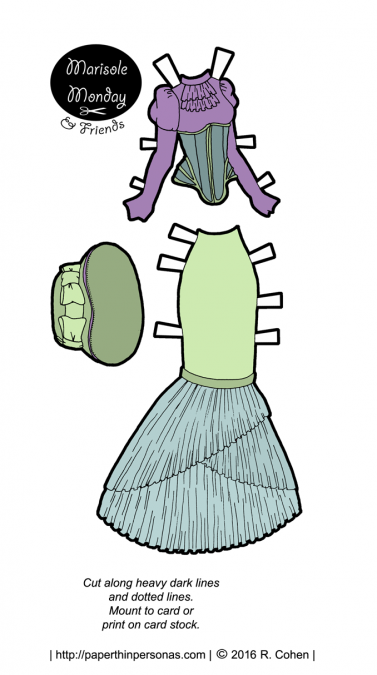 A neo-victorian morning dress or house dress with a hat designed for the Marisole Monday & Friends paper doll series. 