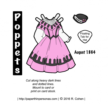 Poppets paper dolls dress with pink and black color scheme from August of 1864. From paperthinpersonas.com.