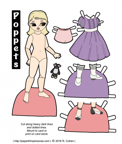 A vintage school girl blond printable paper doll with a dress, two pairs of shoes and a stuffed cow. Part of the Poppet series, she can share clothing with any of the other paper dolls in that series.
