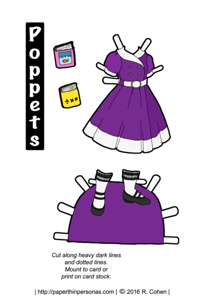 A vintage inspired purple coat dress for the Poppet printable paper doll series in color or black and white. From paperthinpersonas.com