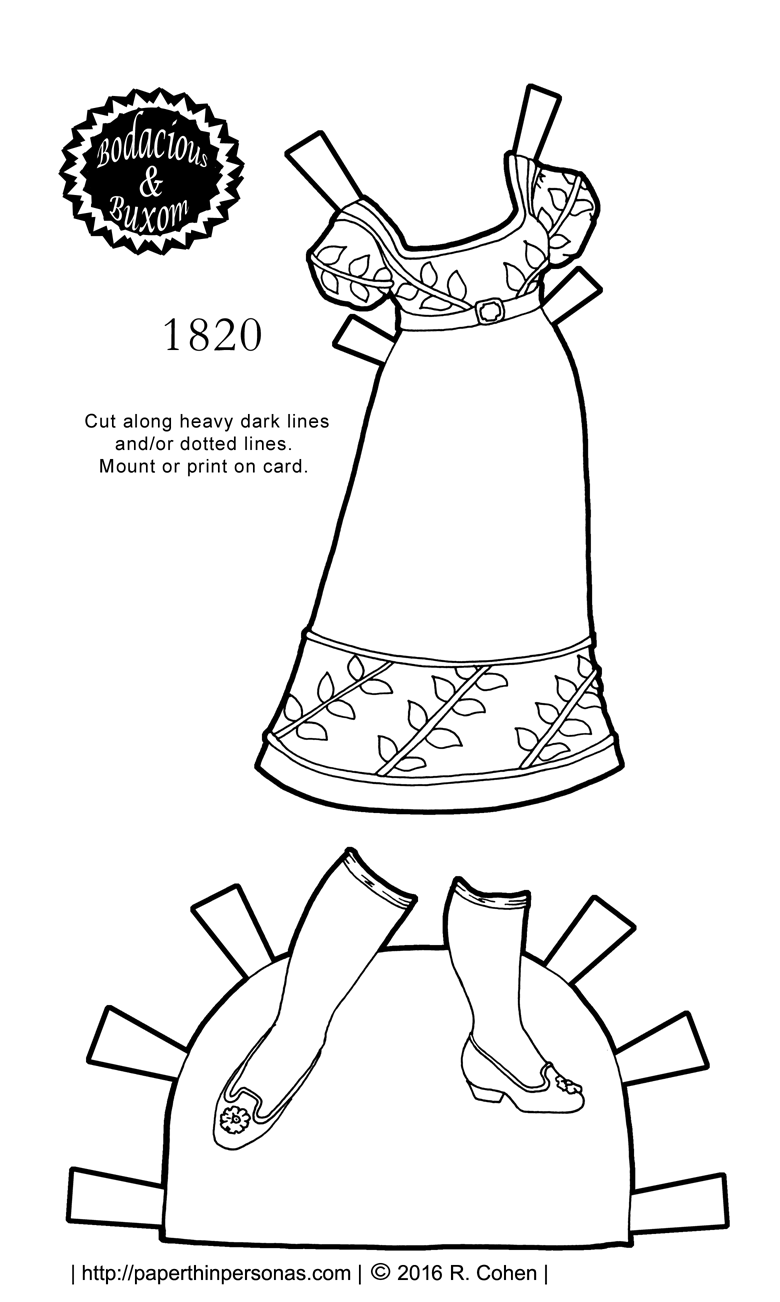 A dress from 1820 for the B&B curvy paper doll series based on a gown from the Philadelphia Museum of Art to color and print.