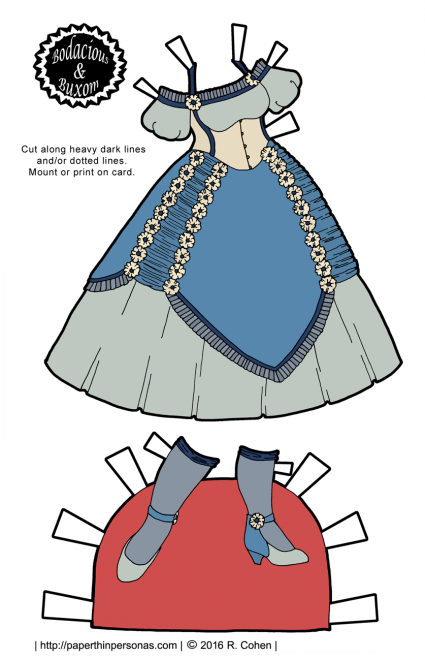 A Victorian corset ball gown for the Bodacious and Buxom curvy paper doll series from paperthinpersonas. Free to print in color or black and white.