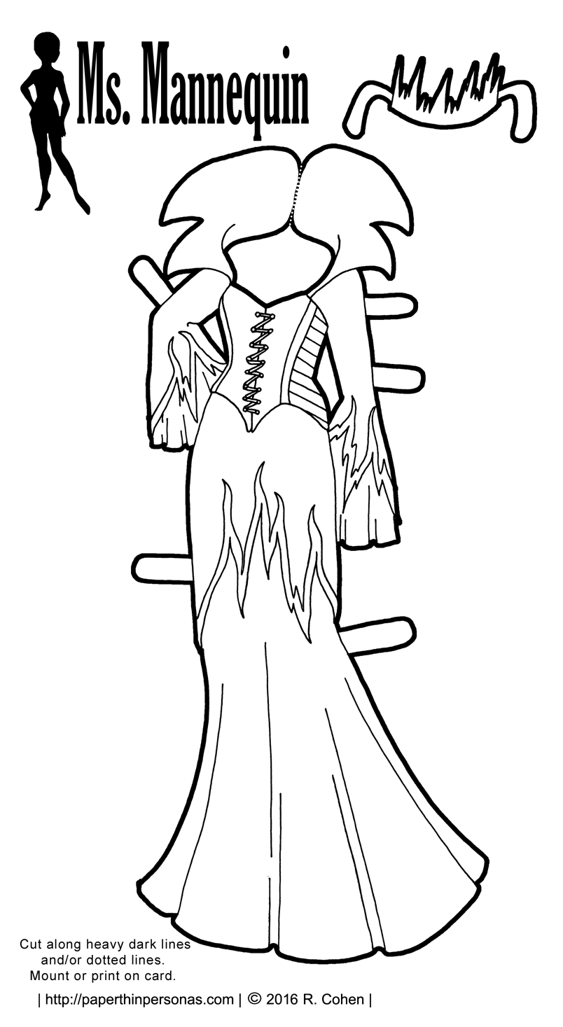 An evil sorceress gown to color for my printable paper dolls designed to fit the Ms. Mannequin paper doll series. Free to print in color or black and white.