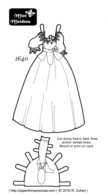 A 17th century paper doll dress in black and white for coloring and printing from paperthinpersonas.com.