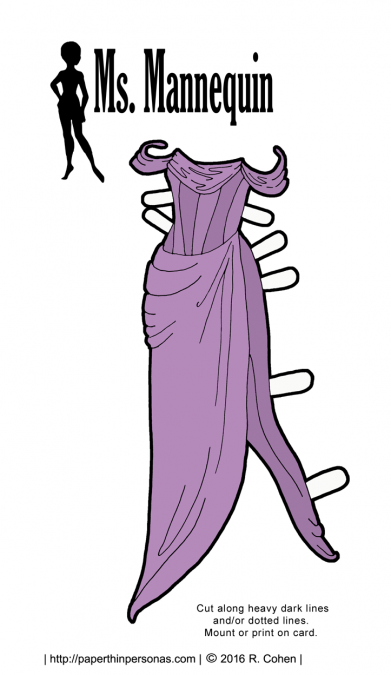 A printable paper doll couture gown for the Ms. Mannequin paper doll series from paperthinpersonas.com. This gown in lavender and has a heavily boned bodice. Free to print in color or black and white.