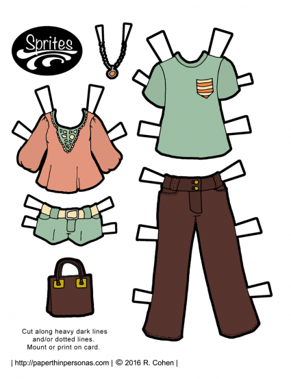 Spring colored modern paper doll fashions for the Sprites paper doll series. Available in color or black and white from paperthinpersonas.com