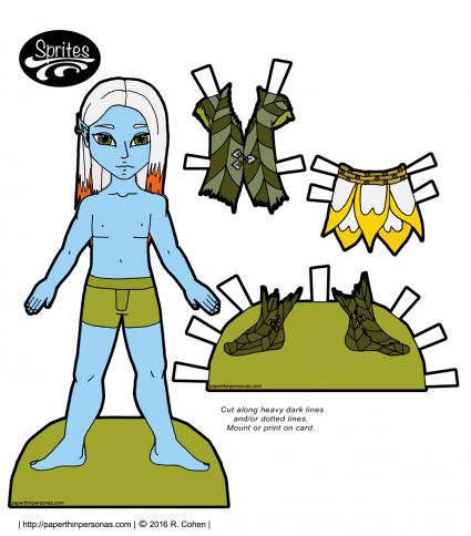 A flower fairy boy paper doll with an outfit in color or black and white. Free to print from paperthinpersonas.com. 