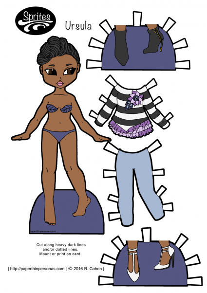 A black paper doll with her dreads in an updo and cute contemporary clothing. Free to print in color or black and white from paperthinpersonas.com. 