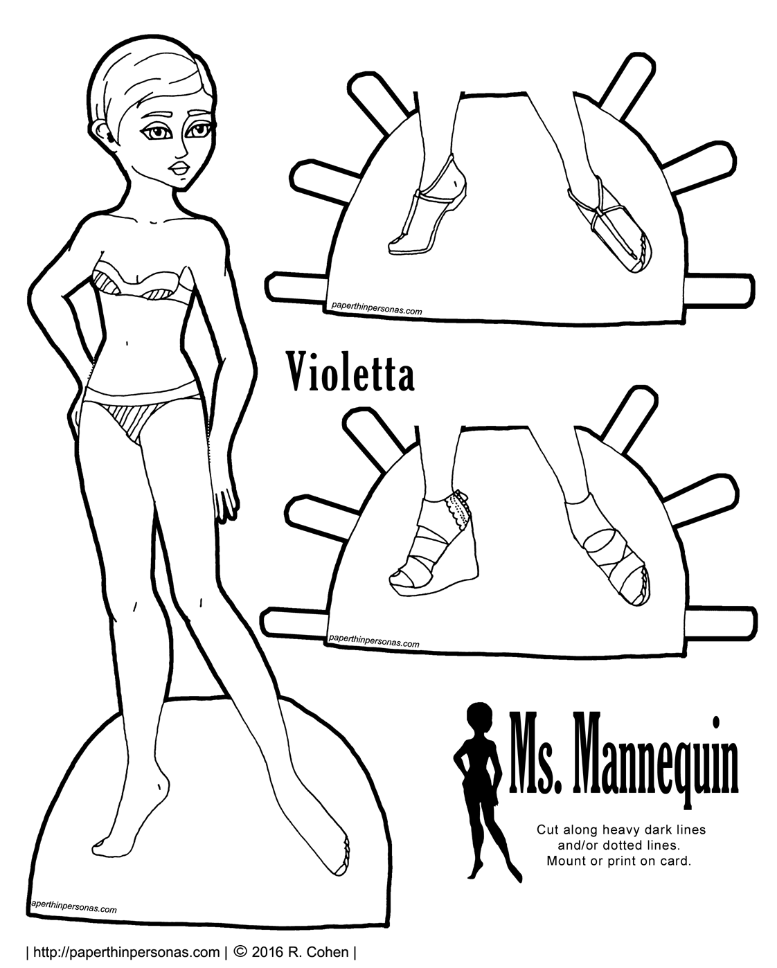 A short haired printable paper doll coloring page who can wear any of the Ms. Mannequin paper doll clothing. Free to print from paperthinpersonas.com
