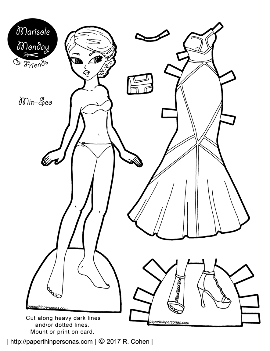 A fur trimmed fantasy gown and an Asian paper doll color page with fur trimmed booties. Print from paperthinpersonas.com
