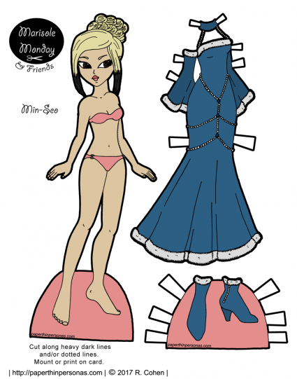 A fur trimmed fantasy gown and an Asian paper doll with blue fur trimmed booties