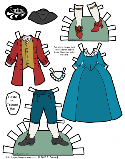 18th century clothing for paper dolls including a round-gown and a tricorn hat. Free to print in color or black and white from paperthinpersonas.com. 