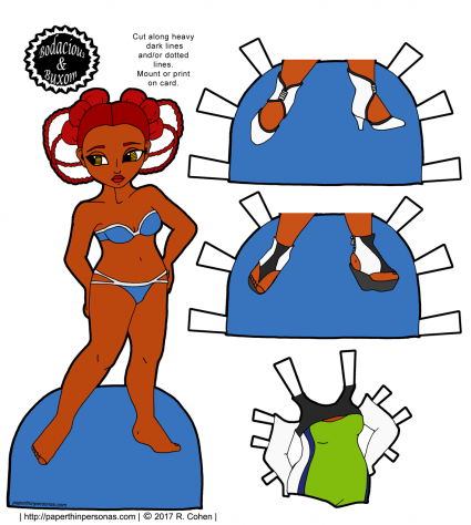A super cute sci-fi alien paper doll printable with orange skin, wild red hair and three pieces of clothing. Part of the Bodacious and Buxom paper doll series, she can wear any of their clothing. Free to print for personal use