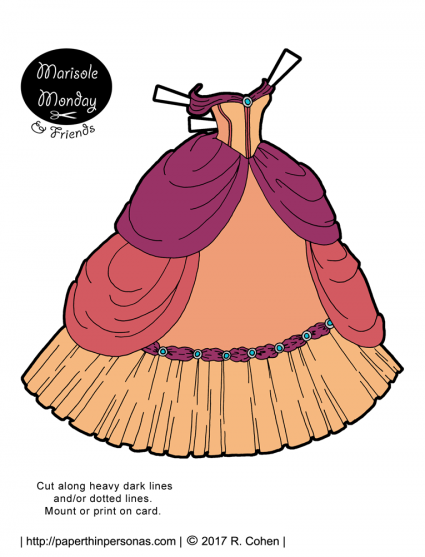 A fantasy princess paper doll ballgown in the colors of the sunset.