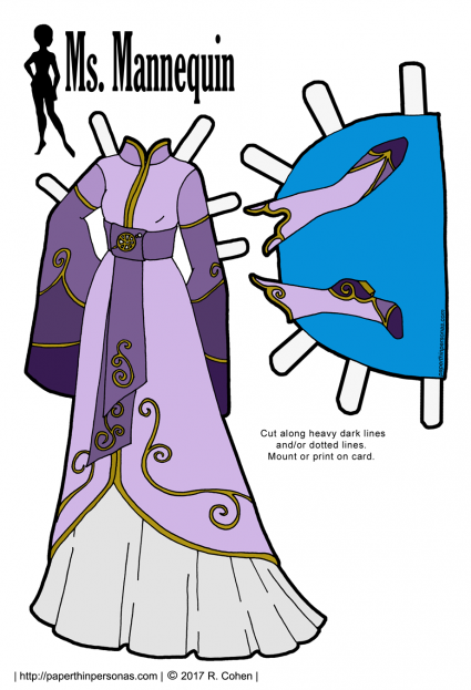 Trying my hand at Lord of the Rings inspired Elven fantasy gowns for paper dolls in purple or black and white for coloring. Free to print for personal use from paperthinpersonas.com.