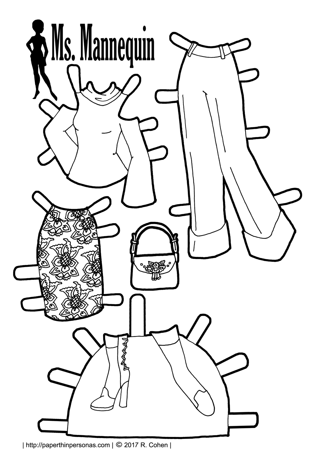 Wide legged trousers, cold shoulder top and a brocade skirt are the latest Fall 2016 fashions. Here they are for the paper dolls in black and white or in full color. Print and play with them from paperthinpersonas.com.