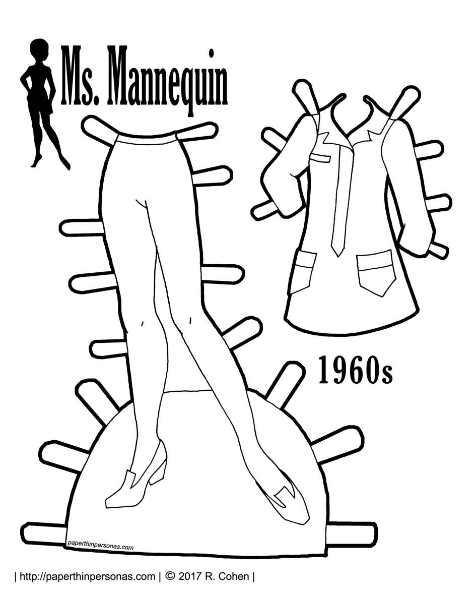 A paper doll foray into 1960s fashion with a mini-shirtdress and tights. Free to print in color or black and white.