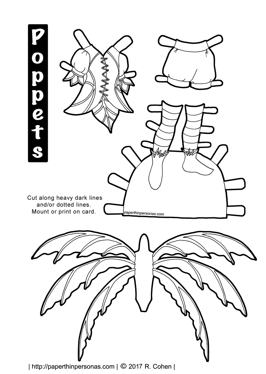 A fairy costume with wings. Free to print in color or black and white.
