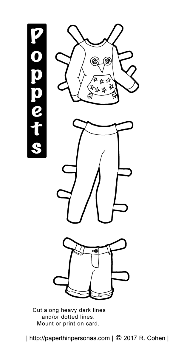 A black and white paper doll clothing coloring page with a contemporary kids outfit from paperthinpersonas.com.