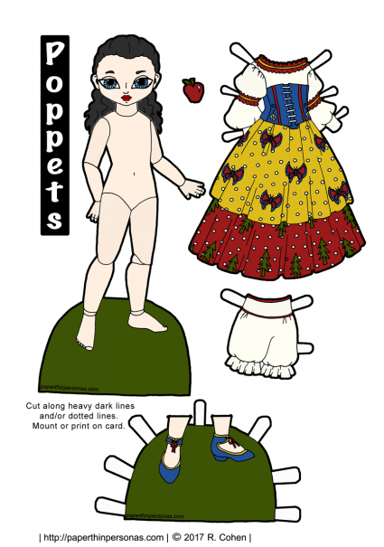 A Snow White paper doll printable with a dress, apple and shoes. Free printable in color or black and white from paperthinpersonas.com. 