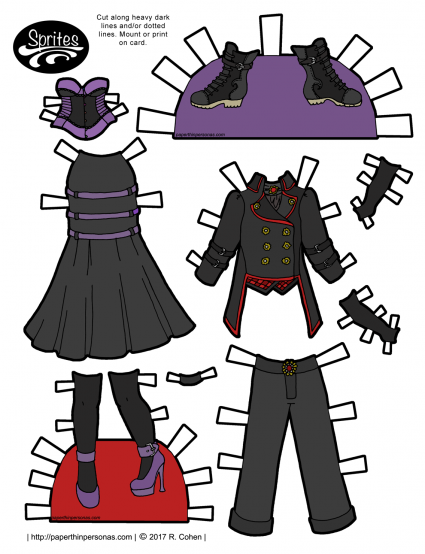 A paper doll page of gothic fashions from the Sprites printable paper dolls in color or black and white. Free to print from paperthinpersonas.com. 
