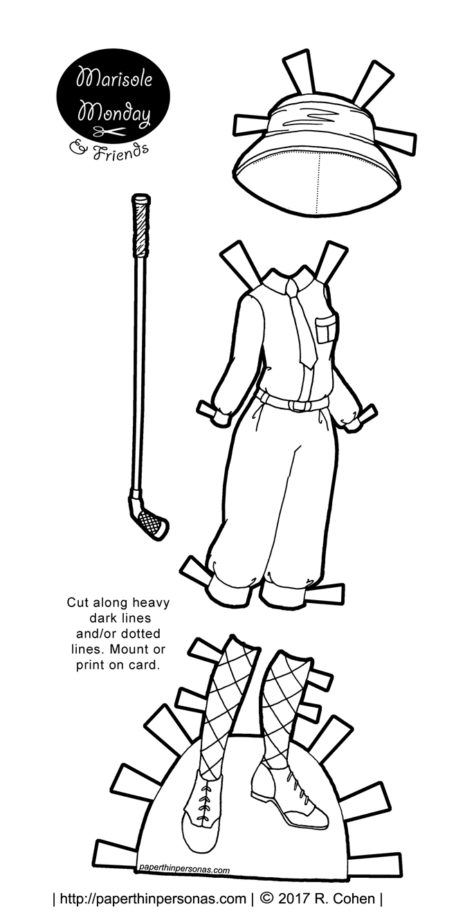 Women's 1920s golf clothes for my Marisole Monday & Friend's paper doll series in black and white.