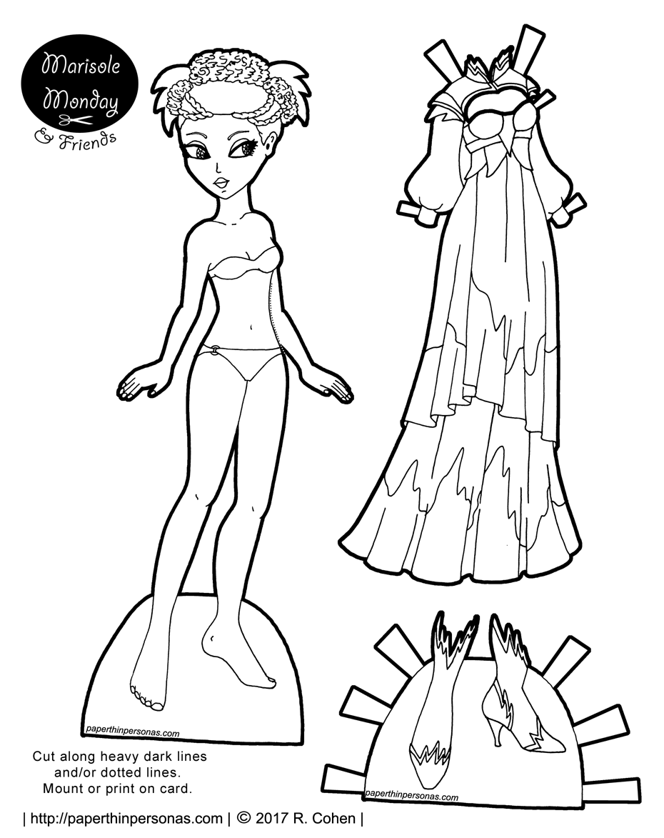 A fur trimmed fantasy gown and an Asian paper doll color page with fur trimmed booties. Print from paperthinpersonas.com