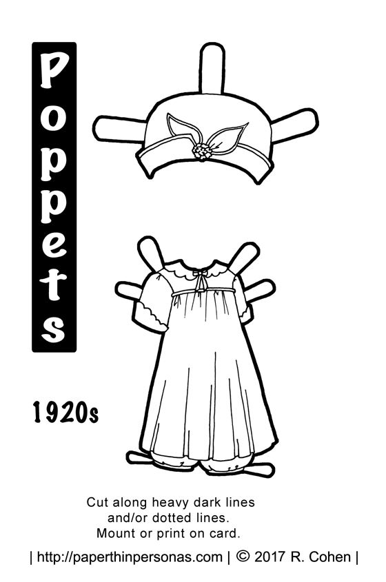 A 1920s inspired paper doll play suit for the Poppet printable paper doll series. Free printable in black and white to color from paperthinpersonas.com.