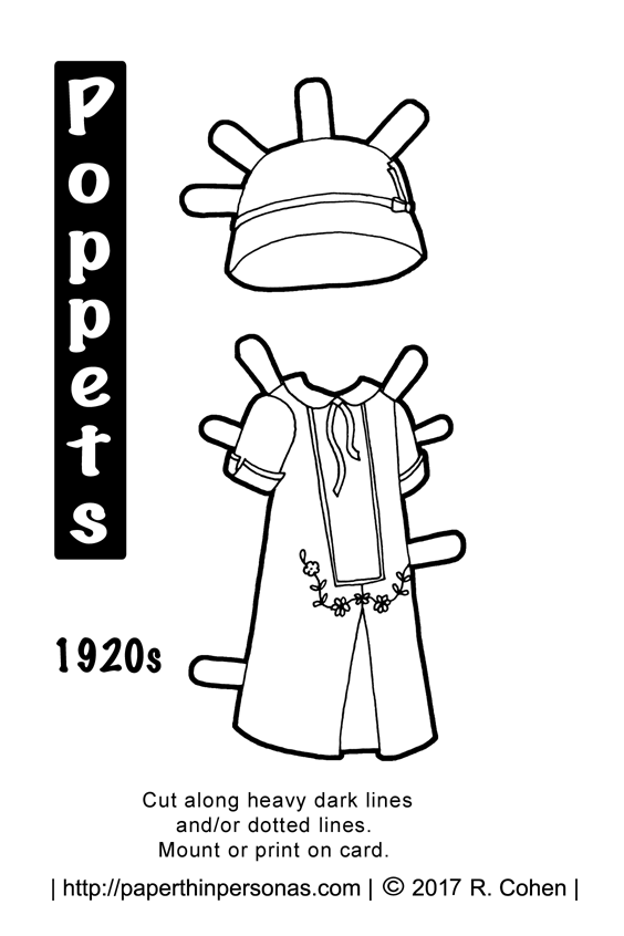 A 1920s inspired paper doll dress for the Poppet printable paper doll series. Free printable in black and white to color from paperthinpersonas.com.