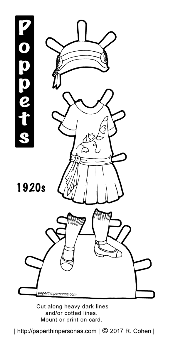 A 1920s child's dress with a matching hat and shoes for the printable paper doll from the Poppet series. Free to print and color from paperthinpersonas.com.