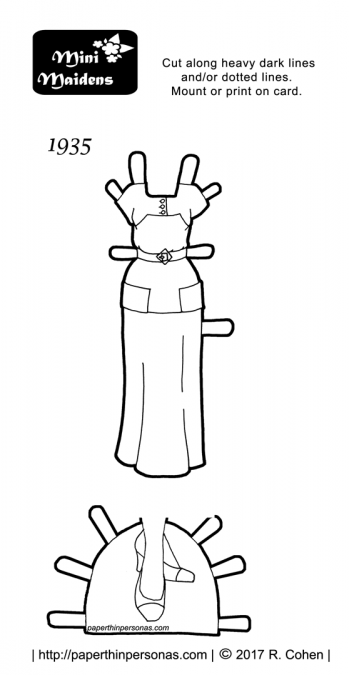 A 1930s dress for the Mini-Maiden printable paper doll series in black and white to print and color for free. 
