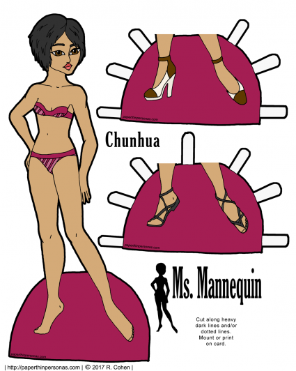 An Asian printable paper doll with short hair and two pairs of shoes. Part of the Ms Mannequin series, she can share clothing with any of the other Ms. Mannequin paper dolls. She's free to print from paperthinpersonas.com. 